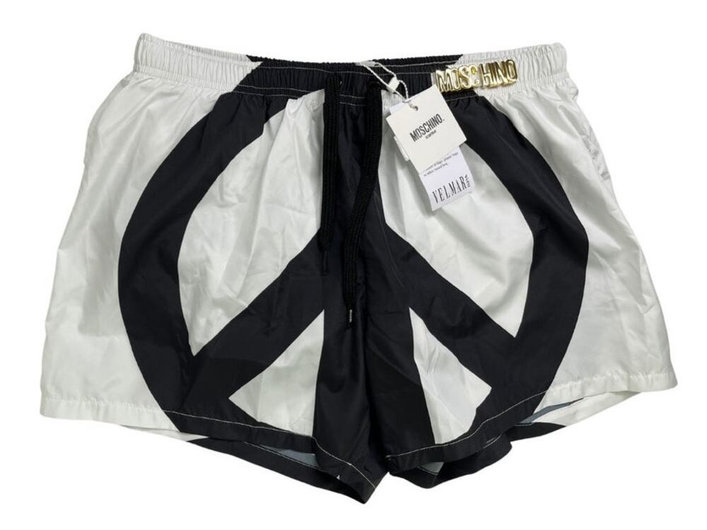 4-95 MOSCHINO Men's NWT Swim Trunks Board Shorts Peace Sign White S/US30/EU46